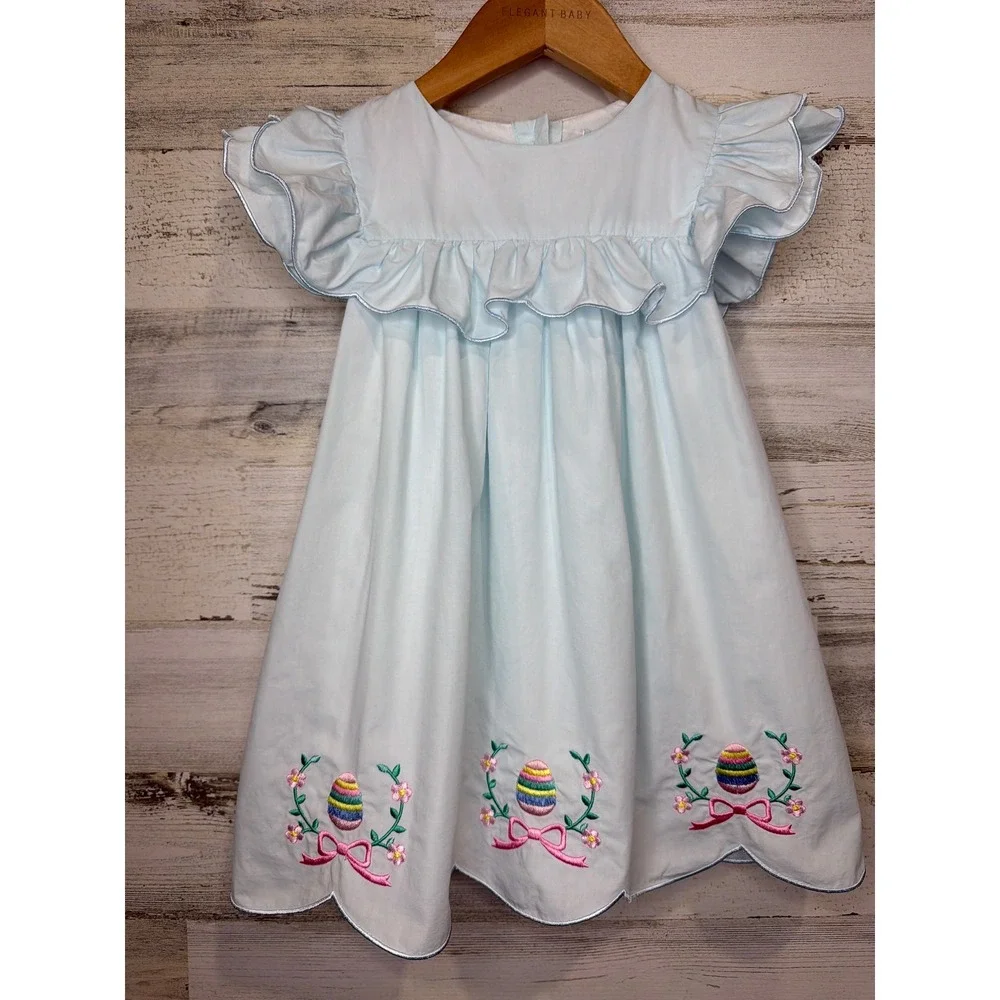 Classic Whimsy Easter Dress Girls 3T Blue Embroidered Egg Ruffle Scallop